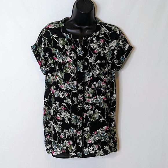 Vera Wang Simply Vera Black and White Floral Print Button Up Blouse Size M - Picture 1 of 6